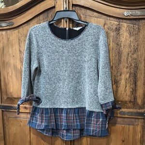 THML Gray and Blue Top with Plaid Accents